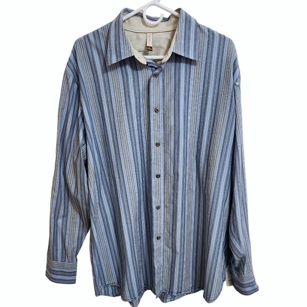 Transcript Blue Striped Button Up Cool Shirt Rough Edge Trim Back & Hem Size XL